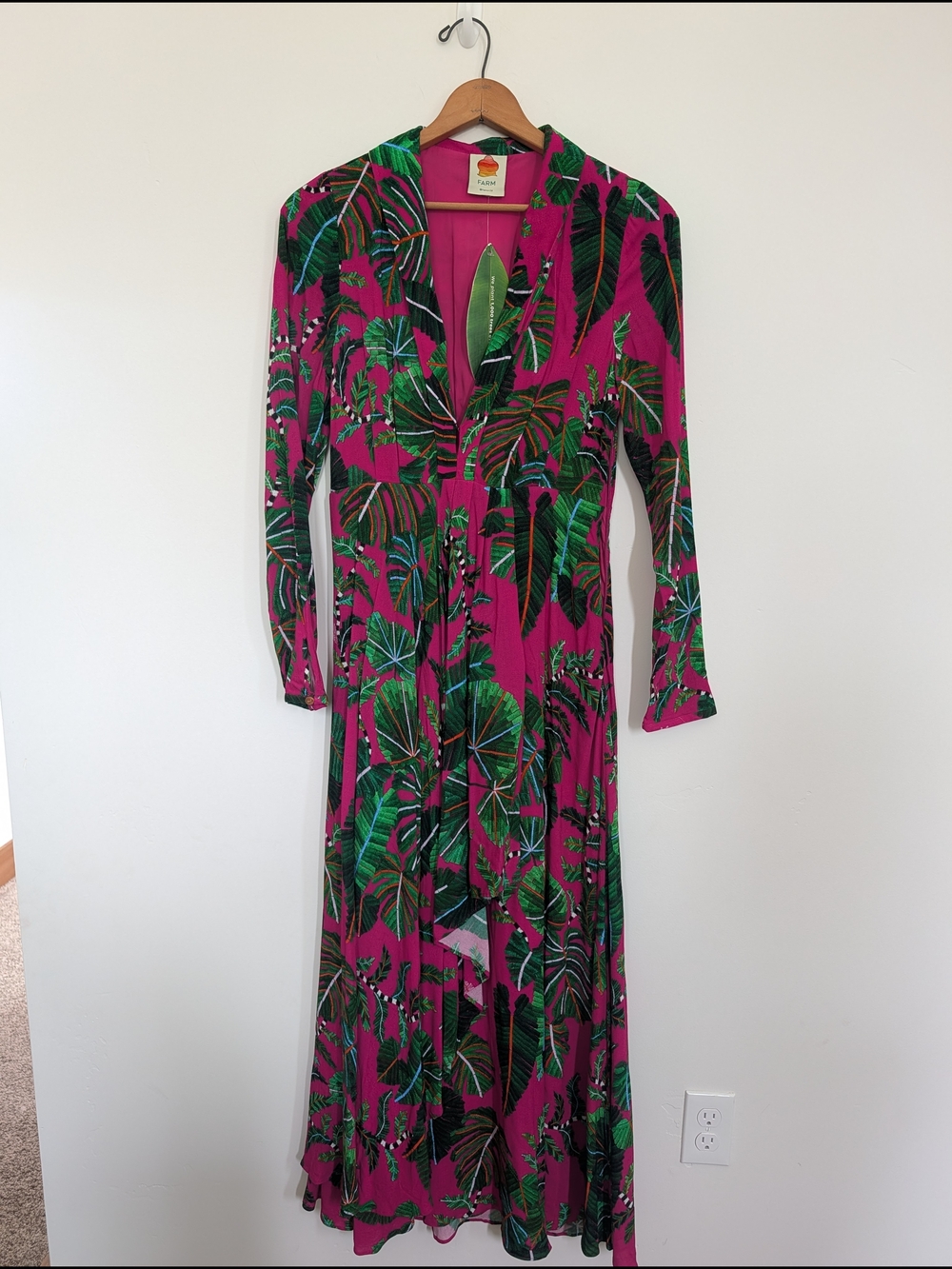 FARM Rio Hot Pink Maxi Dress with Green Tropical Leaf Print
